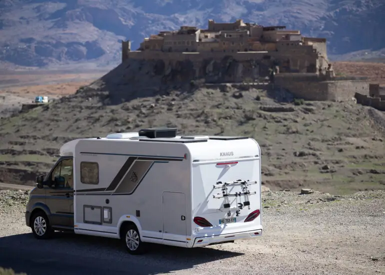 Our motorhome parked above a historic kasbah along the road to Aït Ben Haddou in southern Morocco