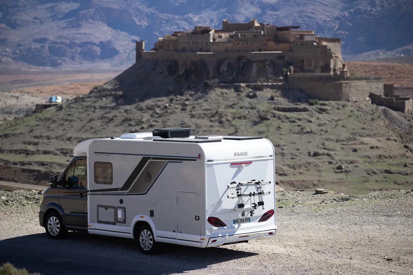 Our motorhome parked above a historic kasbah along the road to Aït Ben Haddou in southern Morocco