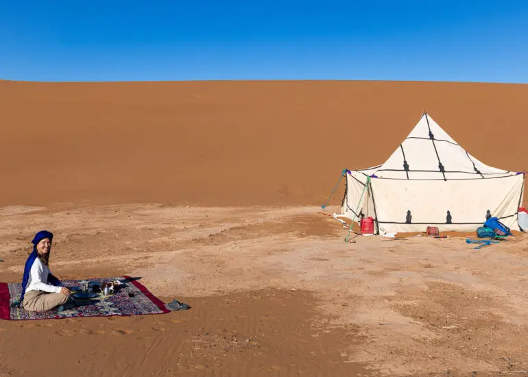 Leah at our desert camp in the Erg Chigaga dunes
