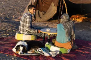 Leah, Hassan, and Oz at a nomad camp in M'Hamid