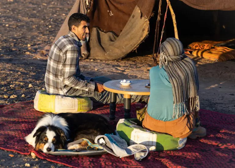 Leah, Hassan, and Oz at a nomad camp in M'Hamid