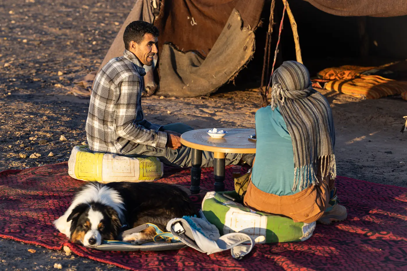 Leah, Hassan, and Oz at a nomad camp in M'Hamid