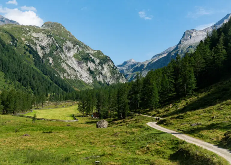 Adventure Wolves hiking through Dorfertal Valley in Hohe Tauern National Park in Austria