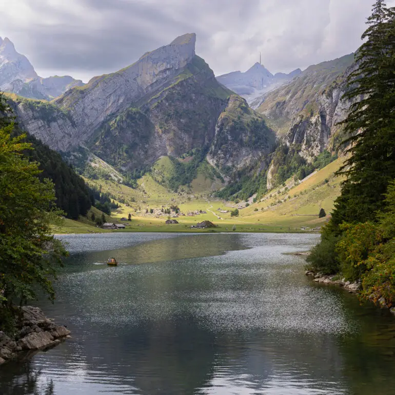 A beautiful lake view from a hut in the Alpstein region in Switzerland