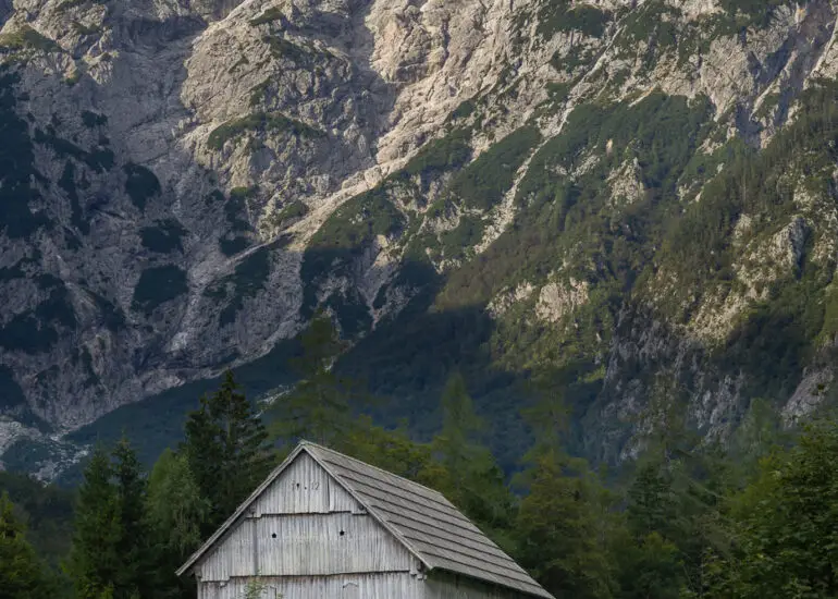 An alpine barn in the Julian Alps of Slovenia