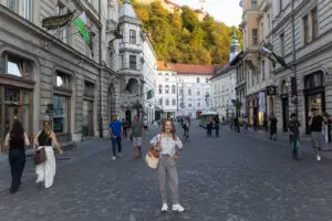 Leah in the historic center of Ljubljana in Slovenia
